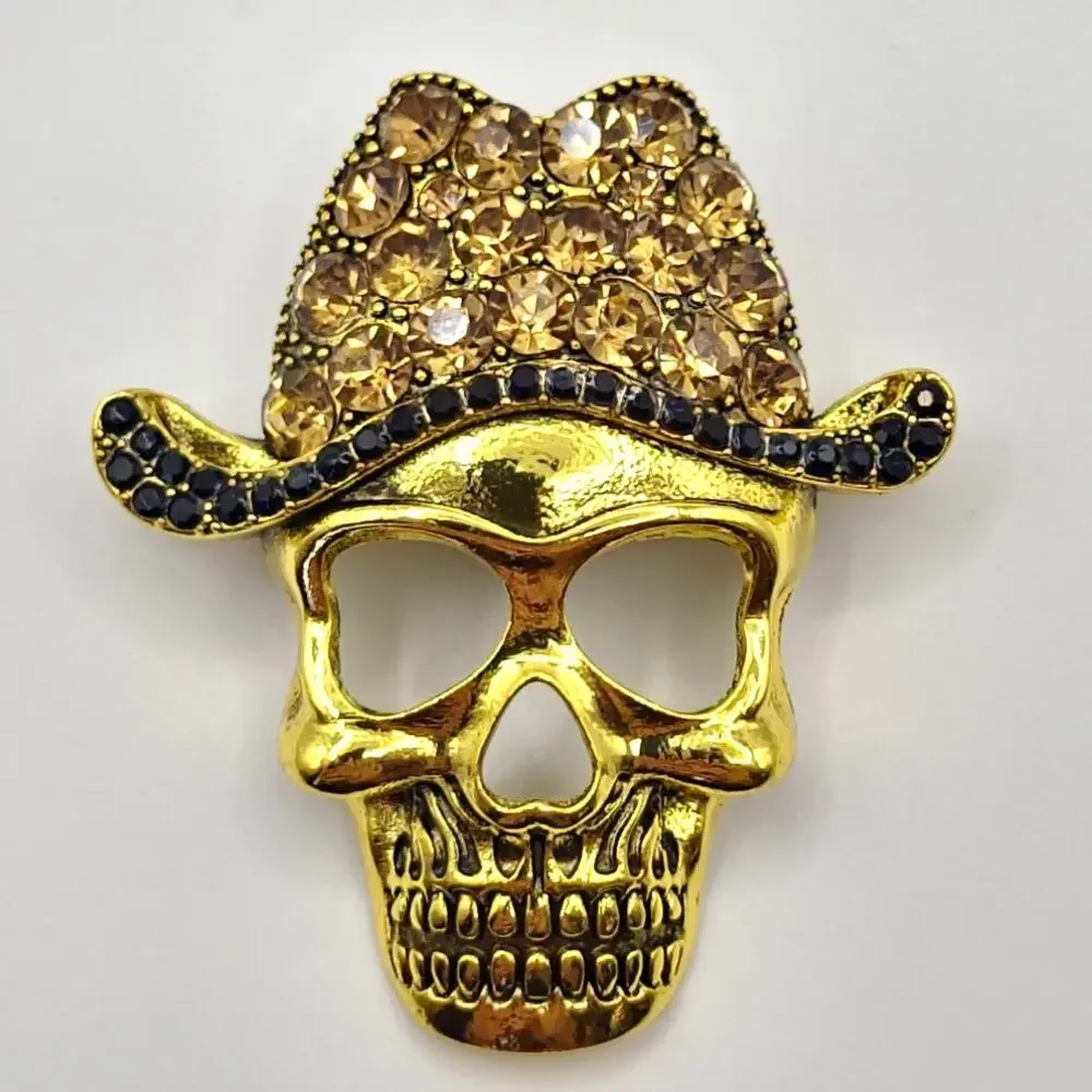 Skull in a Cowboy Hat Brooch Rhinestones on Gold Tone Metal Goth Halloween
